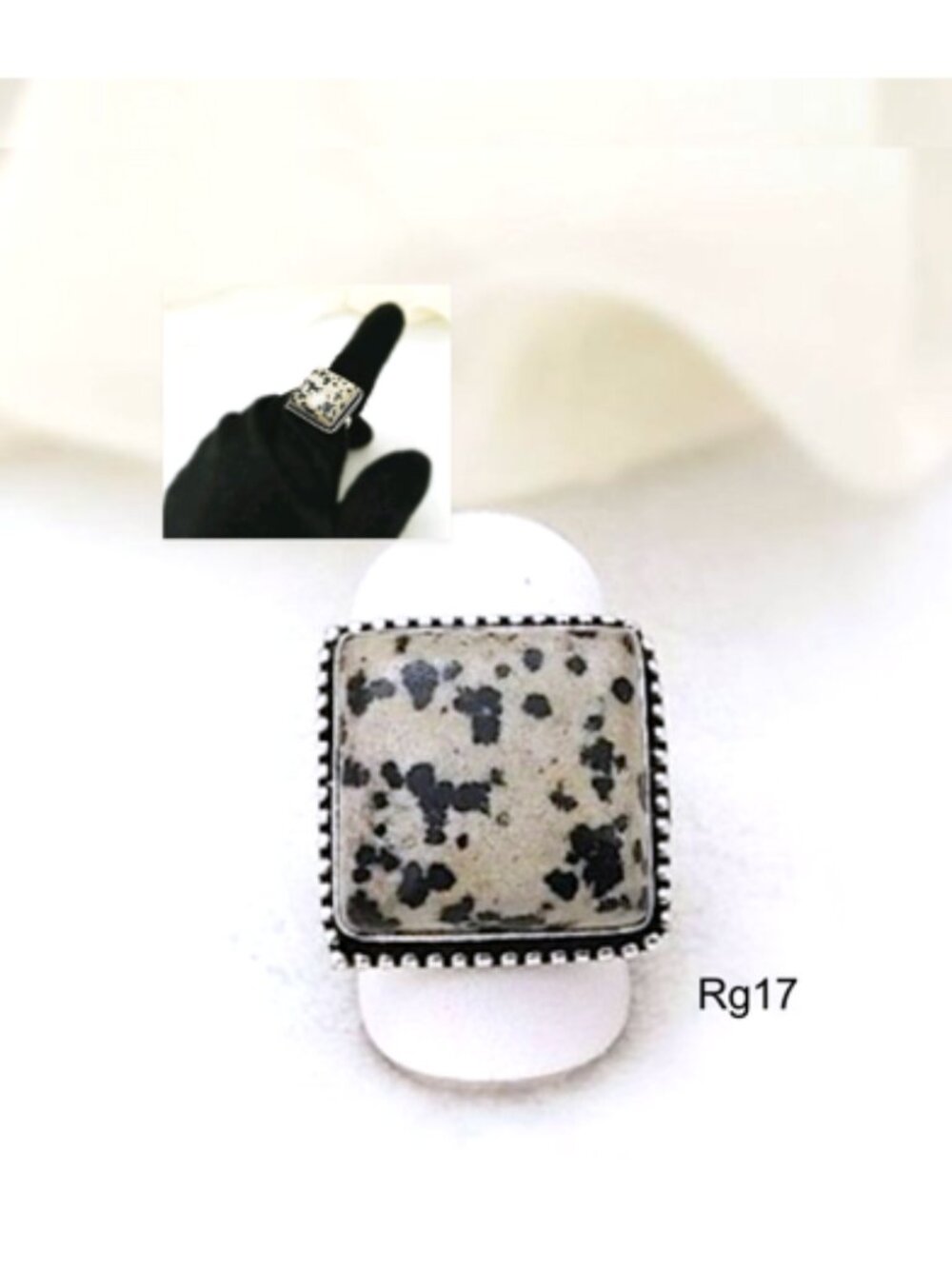 Square Ring Dalmatian Jasper Mauve BlackDot Silver